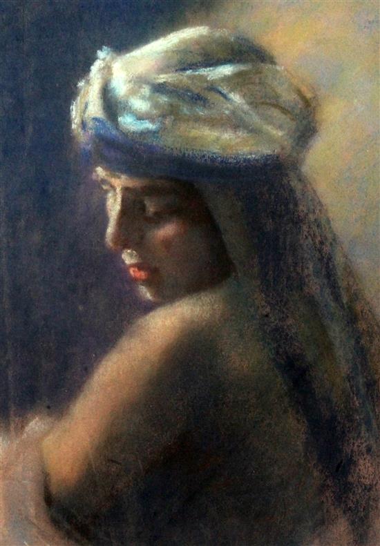 Attributed to Lucien Levy-Dhurmer (1865-1953) Portrait of an Arab girl, 17 x 12.5in.